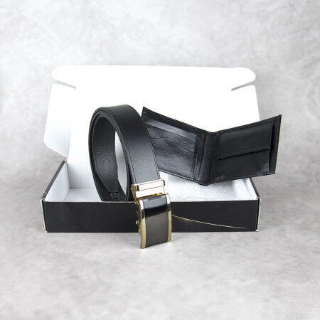 Pánsky darčekový set 08 - kožený opasok s auto.prackou + kožená peňaženka, čierna farba